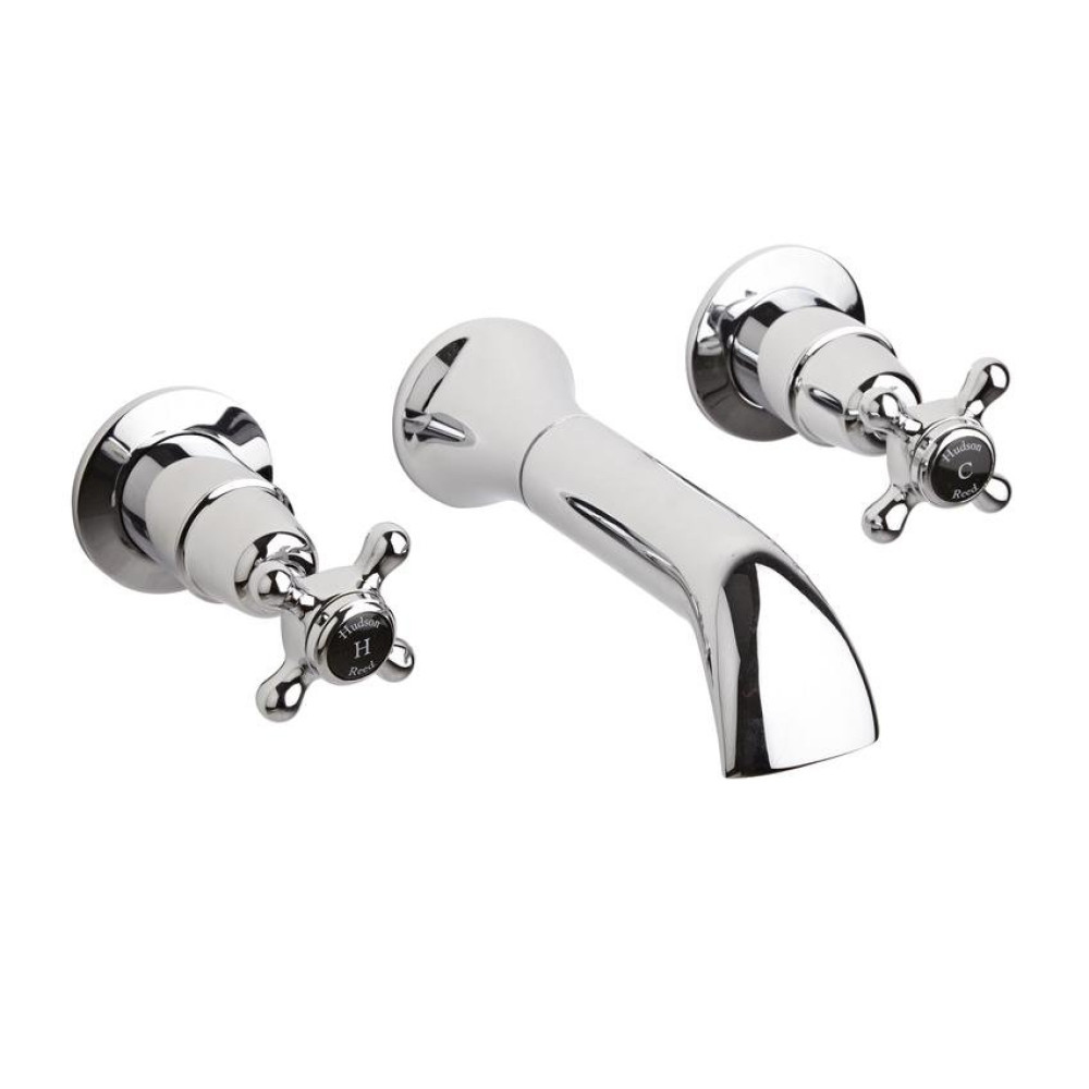 Hudson Reed Topaz Dome Collar Wall Mounted Bath Spout & Stop Taps (Black Indices)
