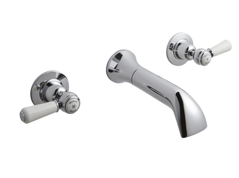 Hudson Reed Topaz Dome Collar Wall Mounted Bath Spout with White Lever Stop Taps
