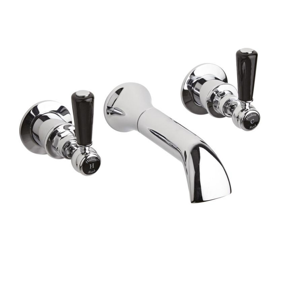 Hudson Reed Topaz Hexagonal Collar Wall Mounted Bath Spout with Black Lever Stop Taps