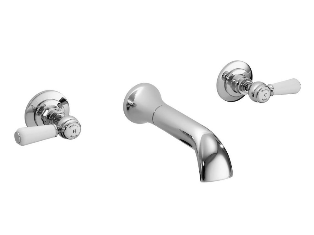 Hudson Reed Topaz Hexagonal Collar Wall Mounted Bath Spout with White Lever Stop Taps