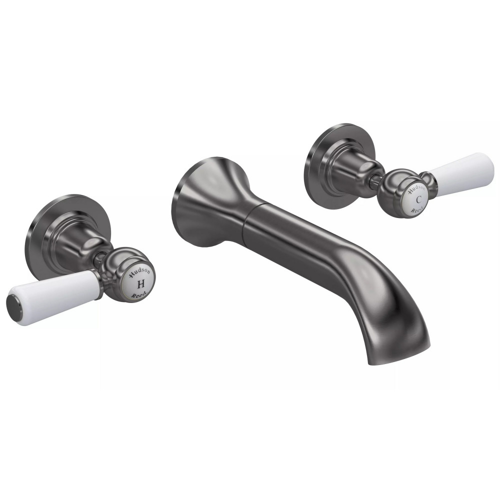 Hudson Reed Topaz Lever Dome Brushed Pewter 3TH Wall Mounted Basin Mixer