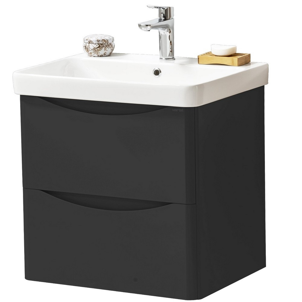 Kartell Arc 600mm Wall Mounted Two Drawer Unit and Ceramic Basin Matt Graphite (1)