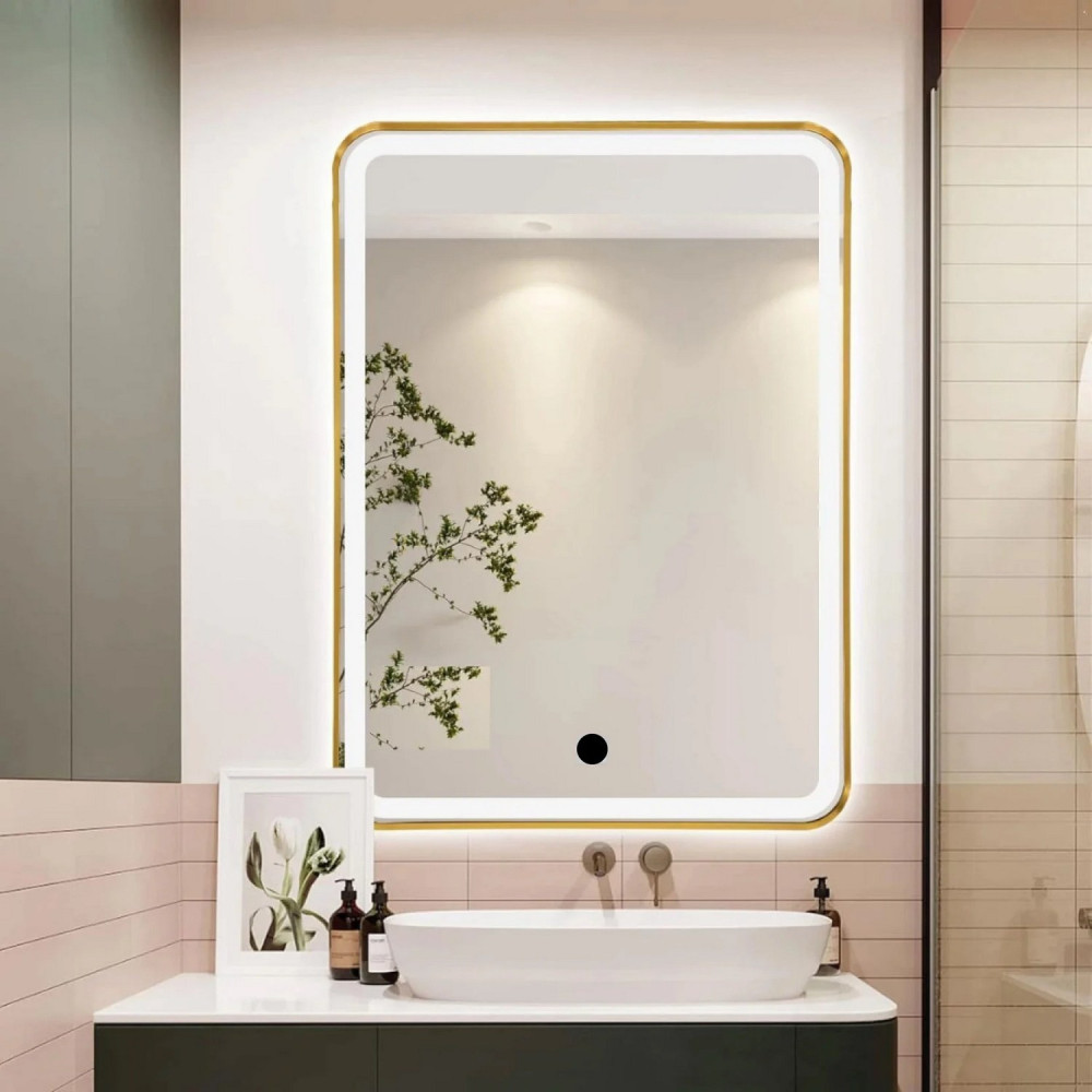 Kartell Ottone Rectangular 700 x 500mm LED Brushed Brass Bathroom Mirror