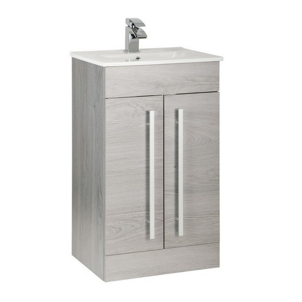 Kartell Purity 500mm Floor Standing 2 Door Silver Oak Vanity Unit with Ceramic Basin