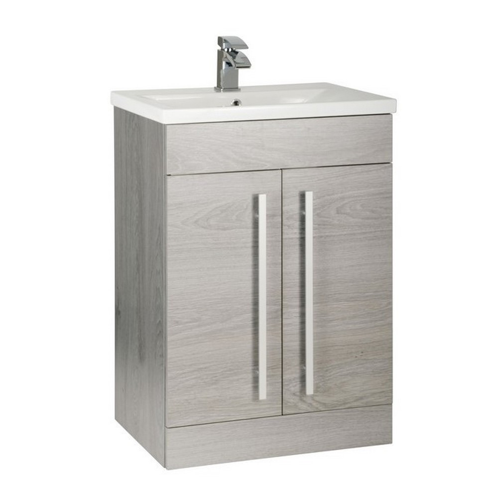 Kartell Purity 600mm Floor Standing 2 Door Silver Oak Vanity Unit with Ceramic Basin