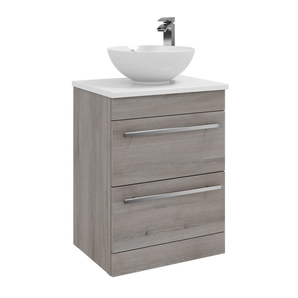 Kartell Purity 600mm Floor Standing 2 Drawer Silver Oak Vanity Unit with Worktop & Basin