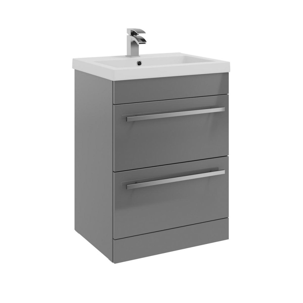 Kartell Purity 600mm Floor Standing 2 Drawer Unit & Mid Depth Ceramic Basin - Storm Grey Gloss