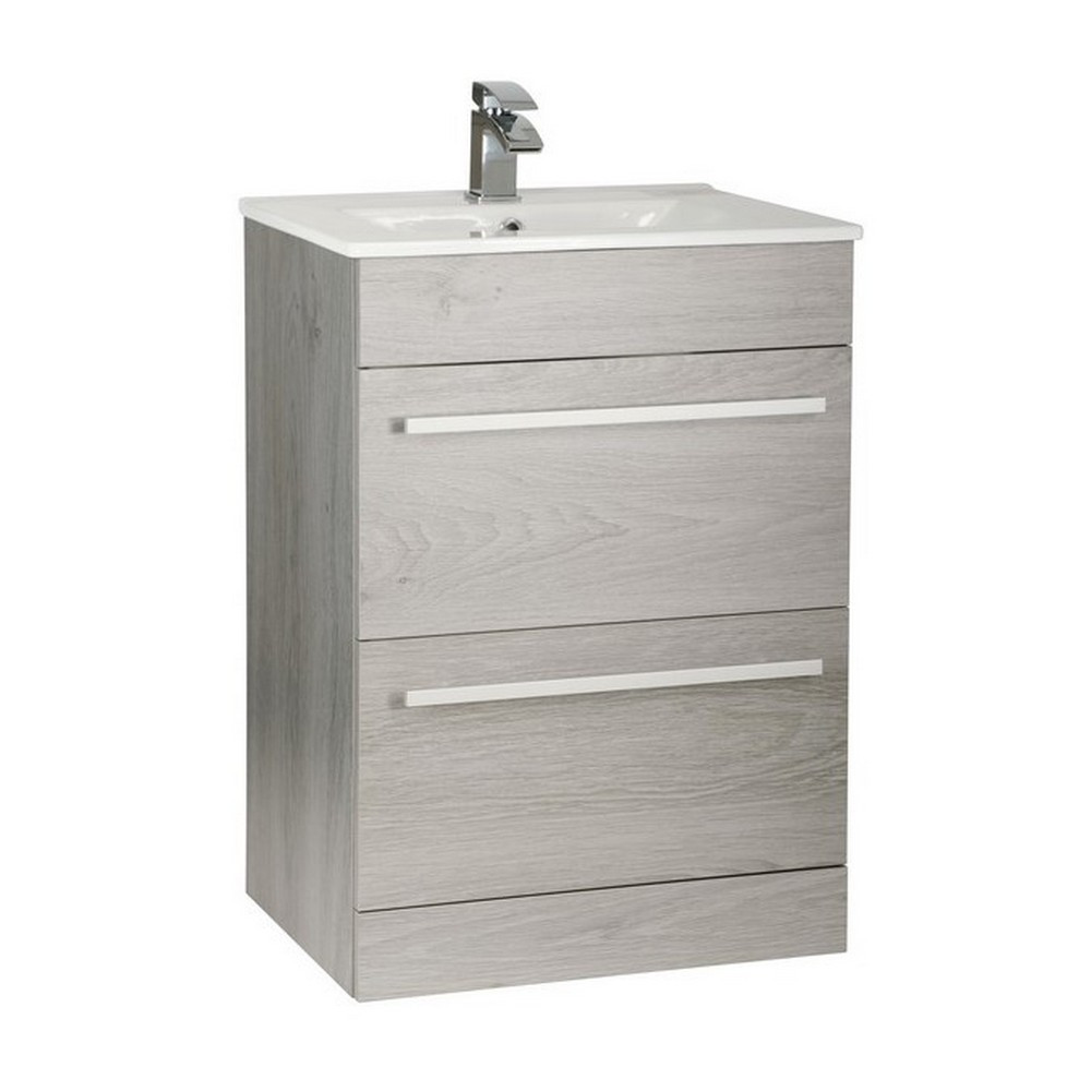 Kartell Purity 600mm Floor Standing Drawer Silver Oak Vanity Unit with Ceramic Basin