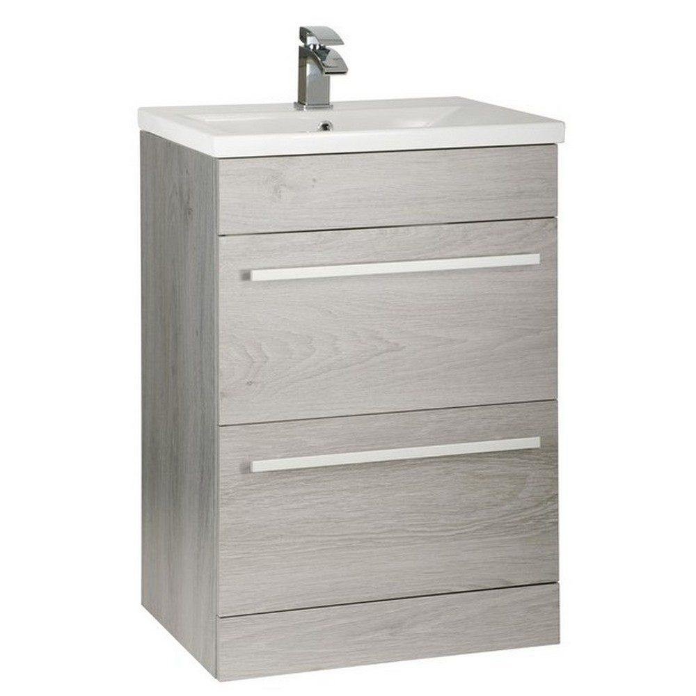 Kartell Purity 600mm Floor Standing Drawer Silver Oak Vanity Unit with Mid Depth Basin