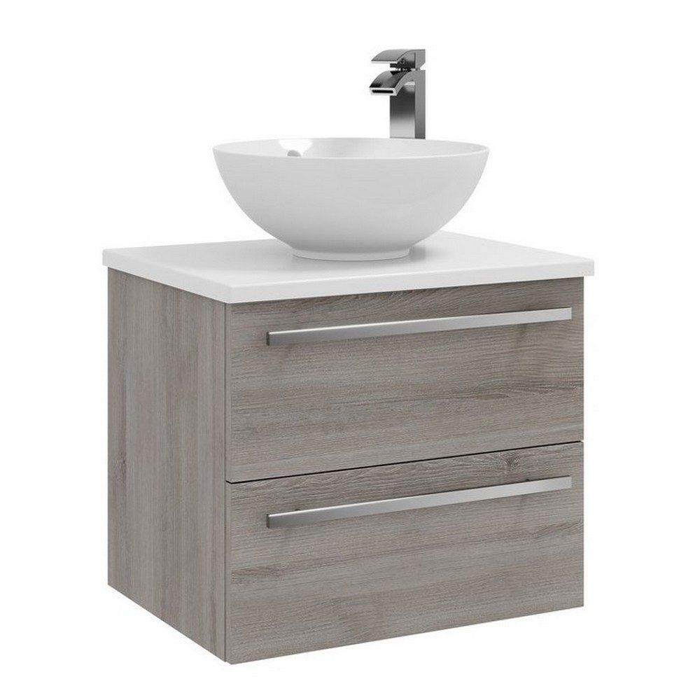 Kartell Purity 600mm Wall Mounted 2 Drawer Silver Oak Vanity Unit with Worktop & Basin