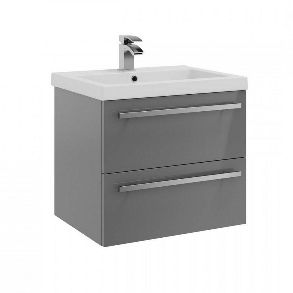 Kartell Purity 600mm Wall Mounted 2 Drawer Unit & Mid Depth Ceramic Basin - Storm Grey Gloss