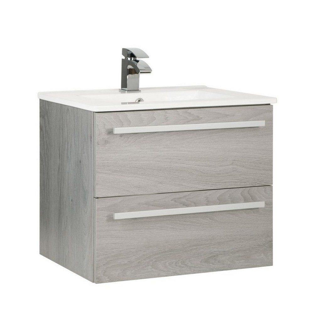 Kartell Purity 600mm Wall Mounted Drawer Silver Oak Vanity Unit with Ceramic Basin