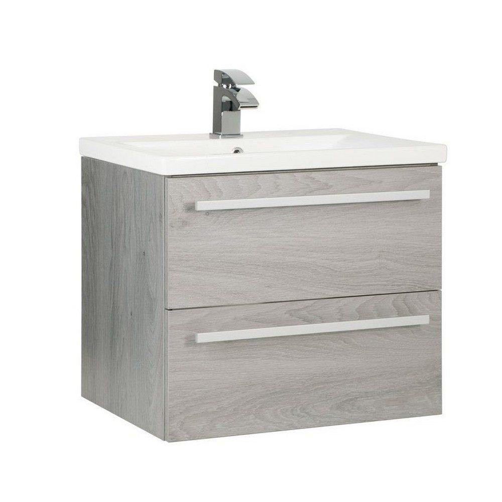 Kartell Purity 600mm Wall Mounted Drawer Silver Oak Vanity Unit with Mid Depth Basin