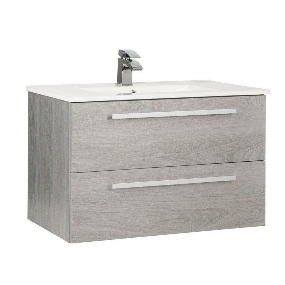 Kartell Purity 800mm Wall Mounted Drawer Silver Oak Vanity Unit with Ceramic Basin