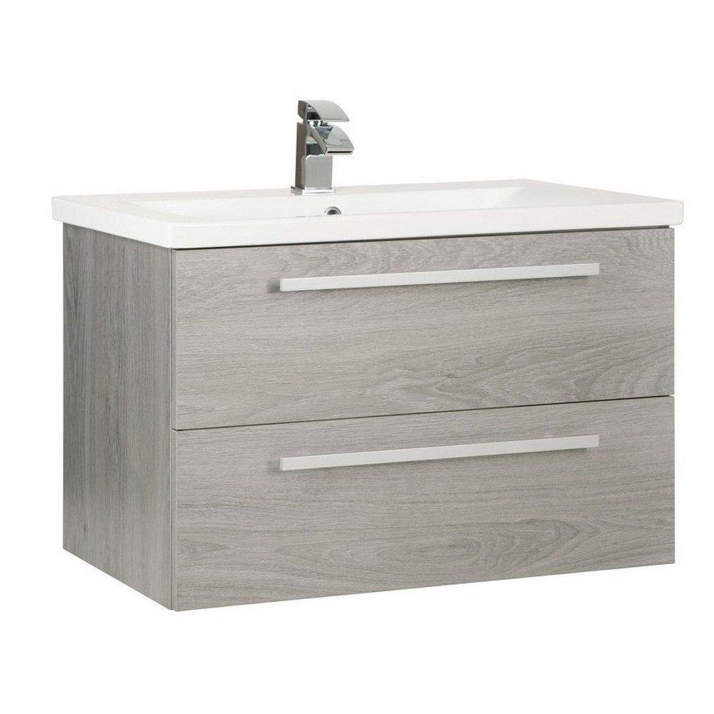 Kartell Purity 800mm Wall Mounted Drawer Silver Oak Vanity Unit with Mid Depth Basin