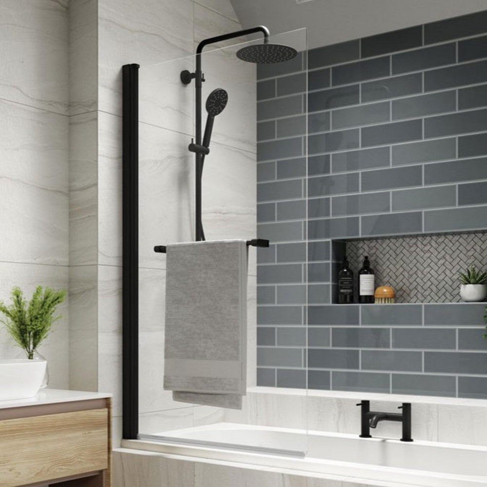 Kudos Inspire Matt Black Single Panel 6mm Bath Screen with Towel Rail