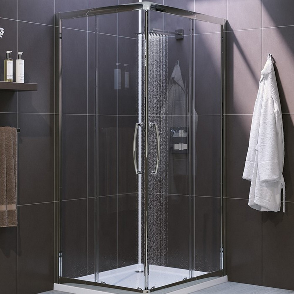 Lakes 900mm Corner Entry Shower Enclosure Semi Frameless in Polished Silver