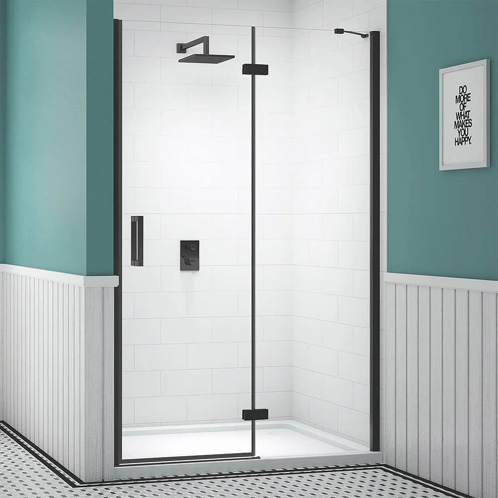 Merlyn Ionic Essence Black 1400mm Hinged Recess Shower Door and Inline Panel