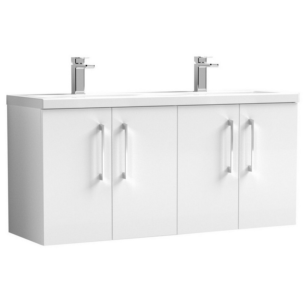 Nuie Arno 1200mm Gloss White Wall Hung Four Door Vanity Unit and Double Basin