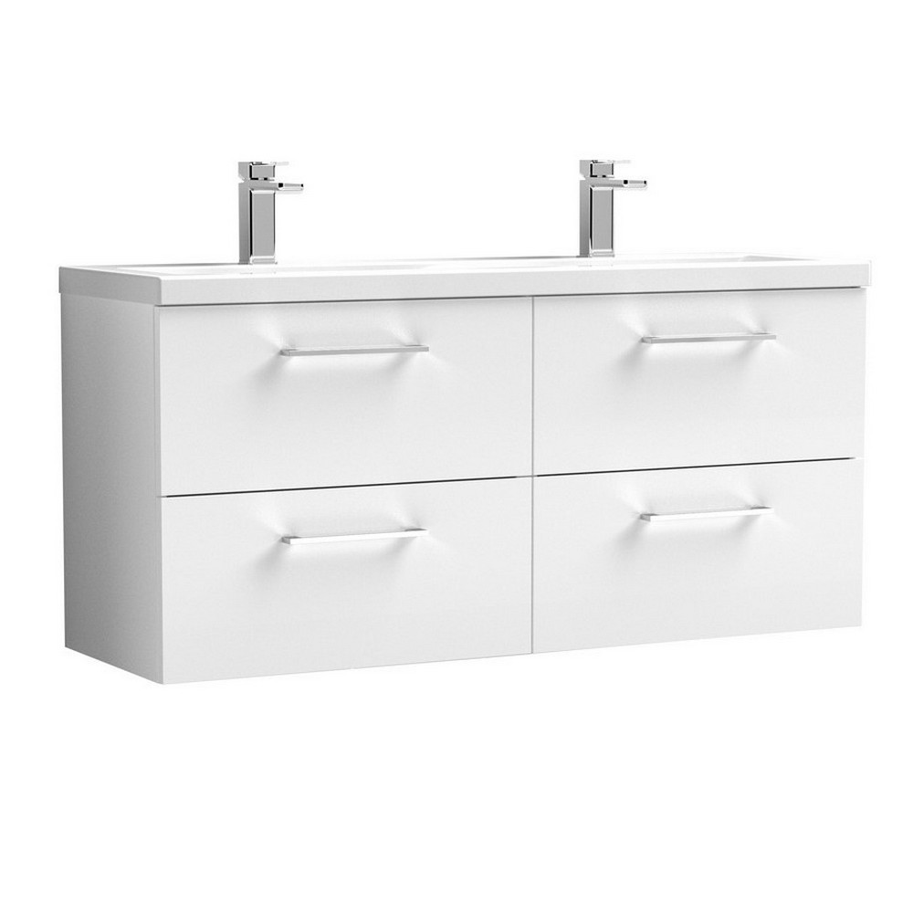 Nuie Arno 1200mm Gloss White Wall Hung Four Drawer Vanity Unit with Basin