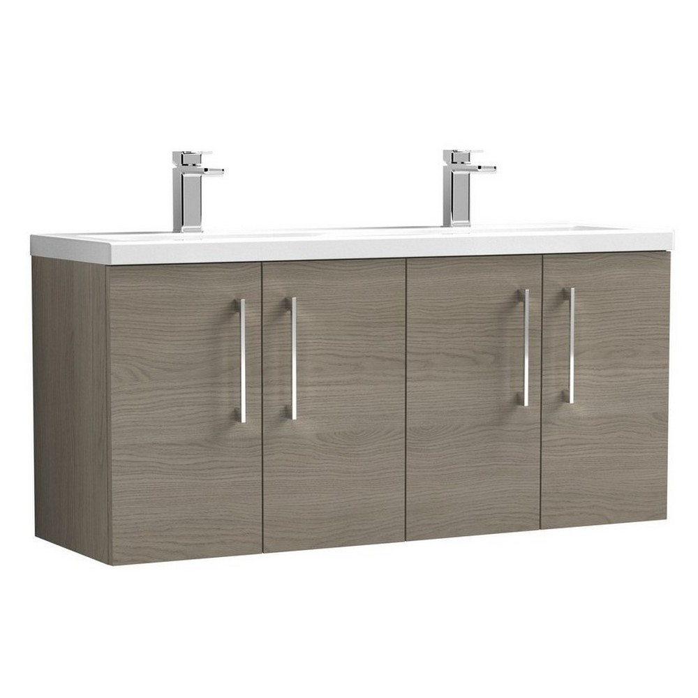 Nuie Arno 1200mm Solace Oak Woodgrain Wall Hung Four Door Vanity Unit and Double Basin