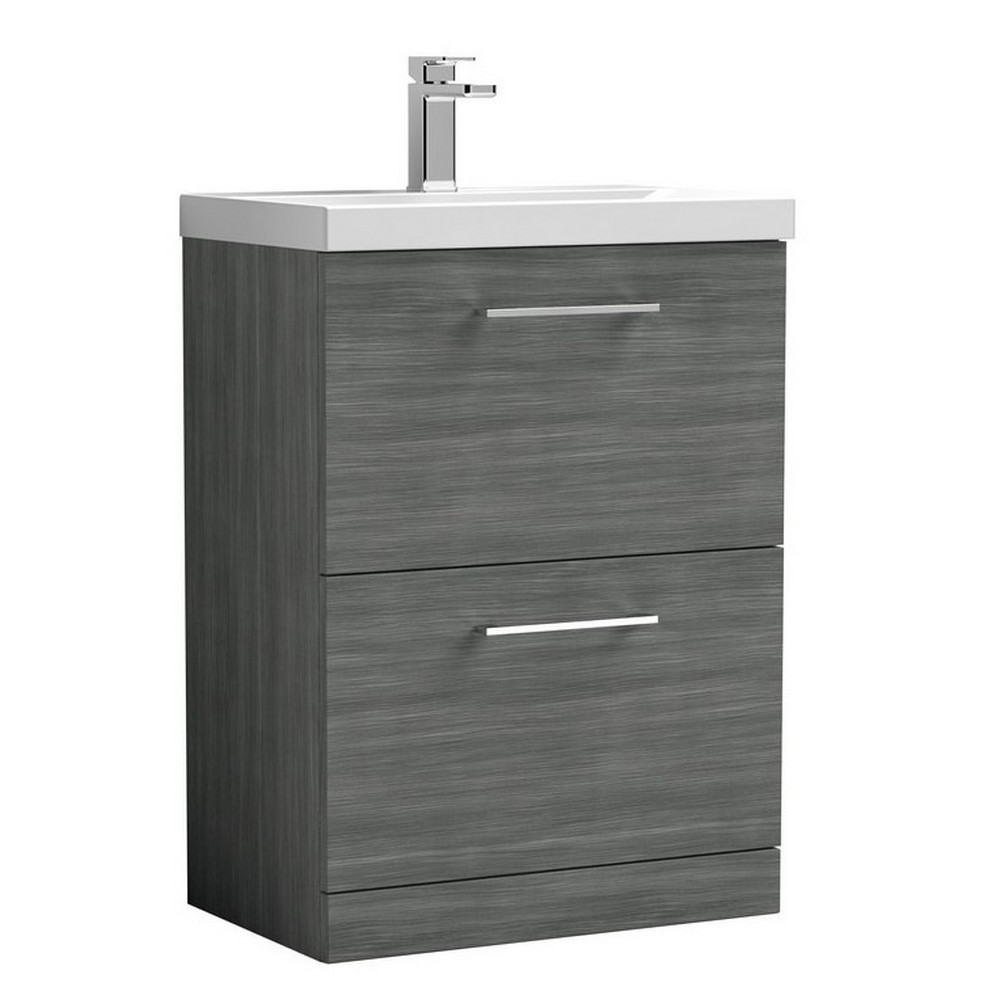 Nuie Arno 600mm Anthracite Woodgrain Floor Standing Vanity Unit with Two Drawers and Basin