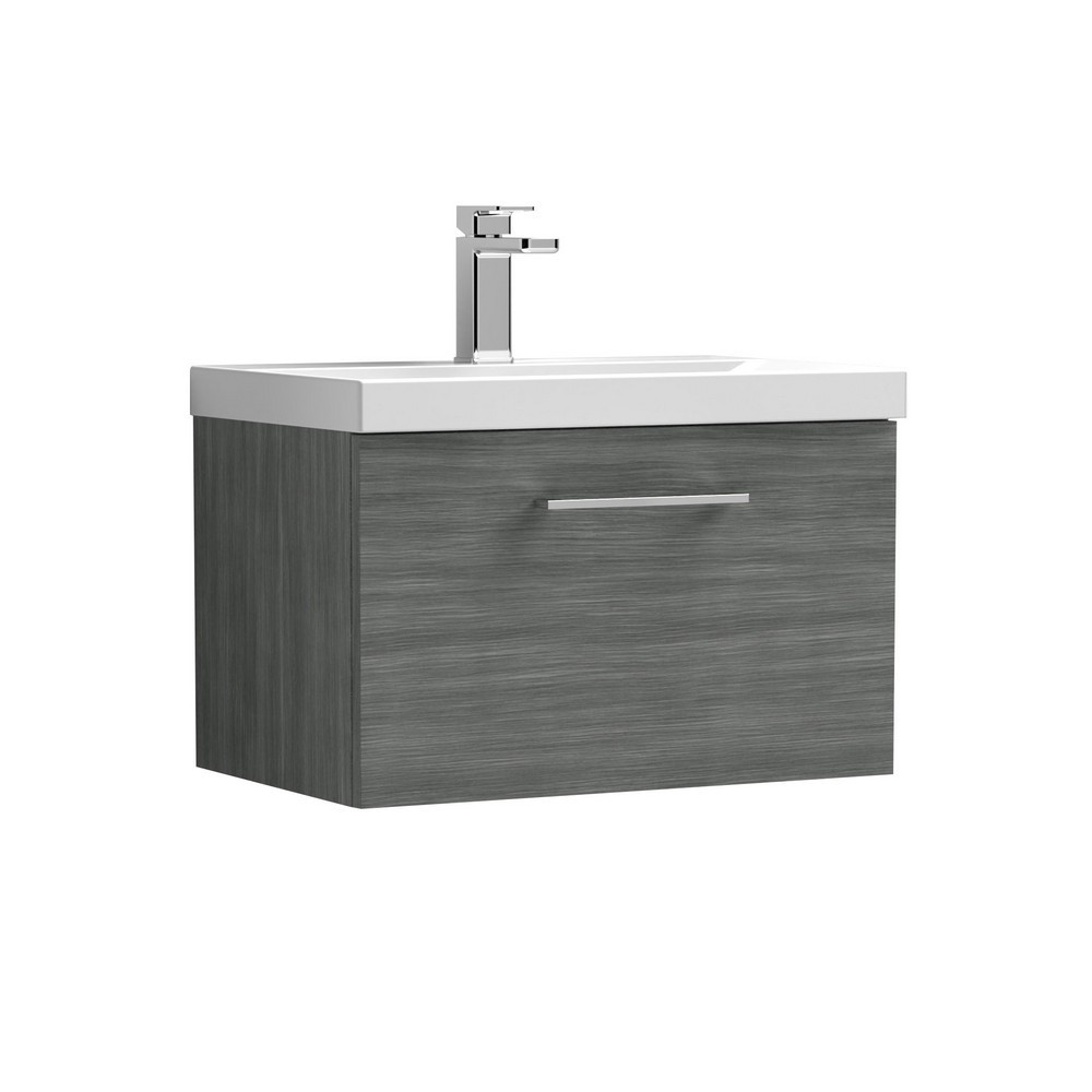 Nuie Arno 600mm Anthracite Woodgrain Wall Hung One Drawer Vanity Unit with Basin (1)