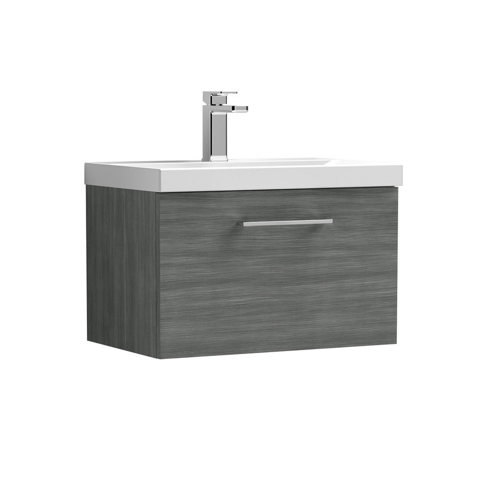 Nuie Arno 600mm Anthracite Woodgrain Wall Hung One Drawer Vanity Unit with Basin