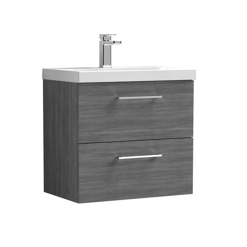 Nuie Arno 600mm Anthracite Woodgrain Wall Hung Two Drawers Vanity Unit with Basin (1)