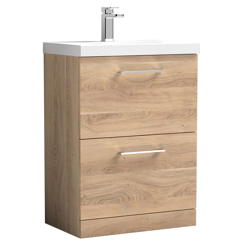 Nuie Arno 600mm Bleached Oak Floorstanding Two Drawer Vanity Unit with Basin