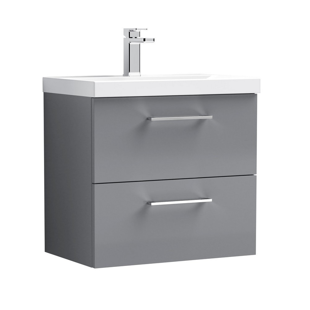 Nuie Arno 600mm Gloss Cloud Grey Wall Hung Two Drawers Vanity Unit with Basin (1)