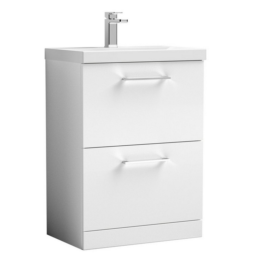 Nuie Arno 600mm Gloss White Floor Standing Vanity Unit with Two Drawers and Basin