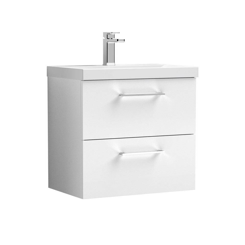 Nuie Arno 600mm Gloss White Wall Hung Two Drawers Vanity Unit with Basin (1)