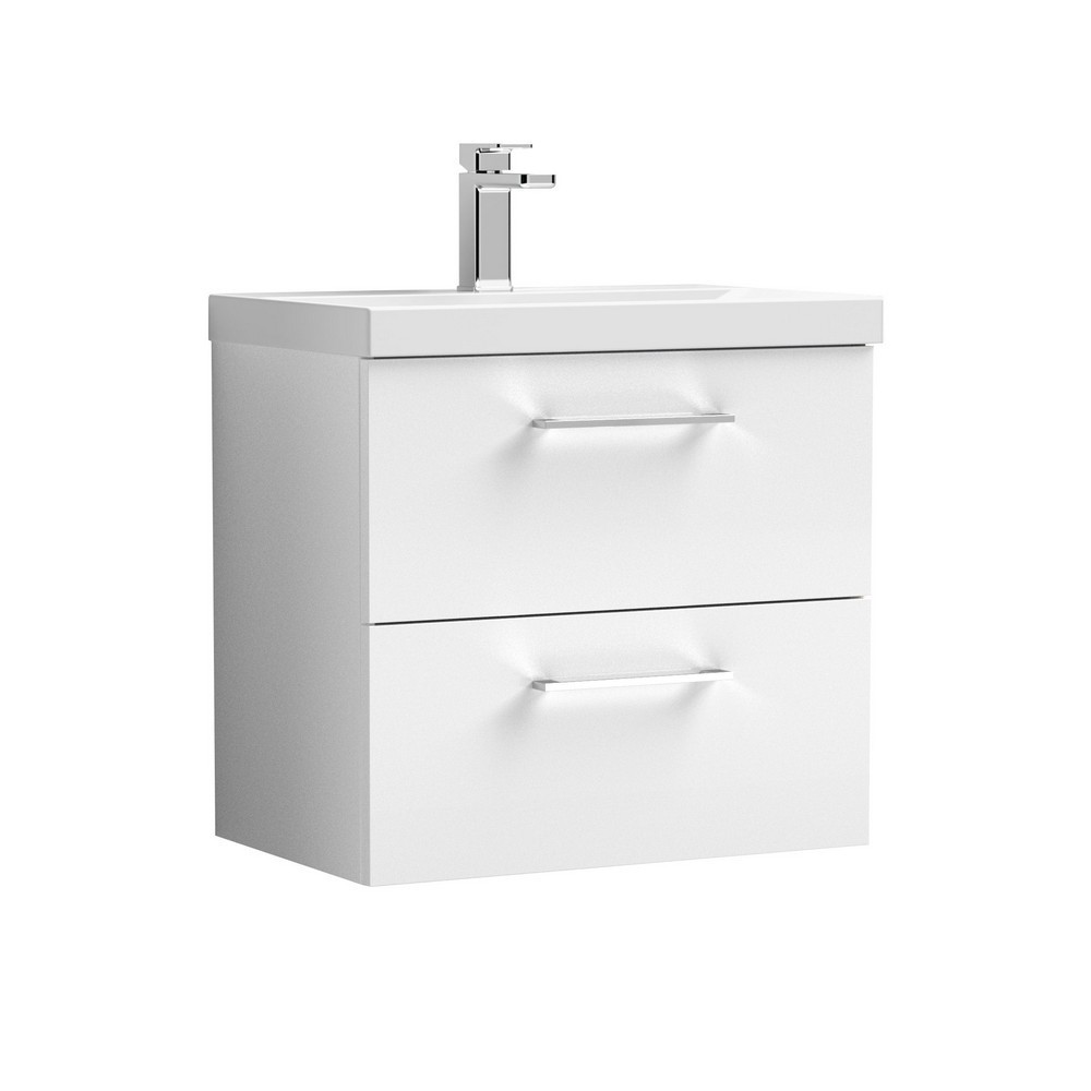 Nuie Arno 600mm Gloss White Wall Hung Two Drawers Vanity Unit with Basin