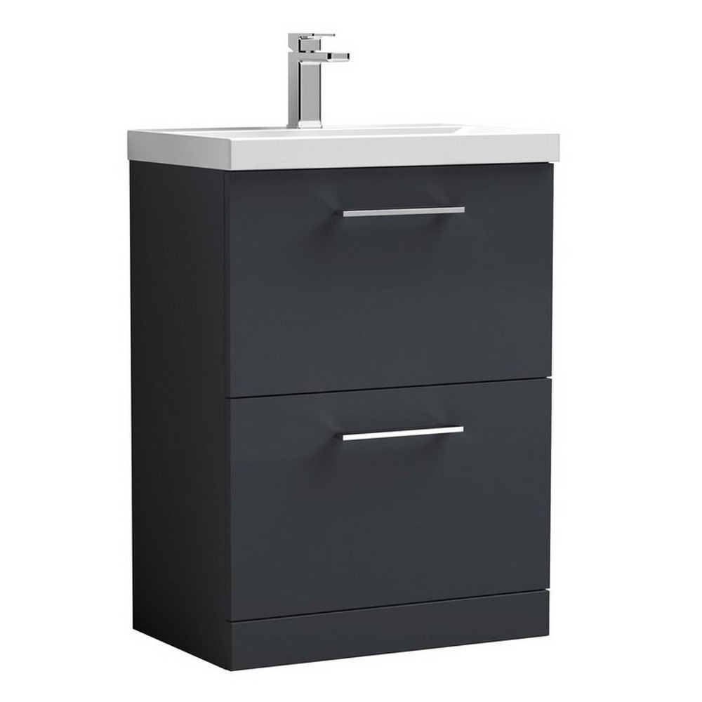 Nuie Arno 600mm Satin Anthracite Floor Standing Two Drawer Vanity Unit with Basin (1)