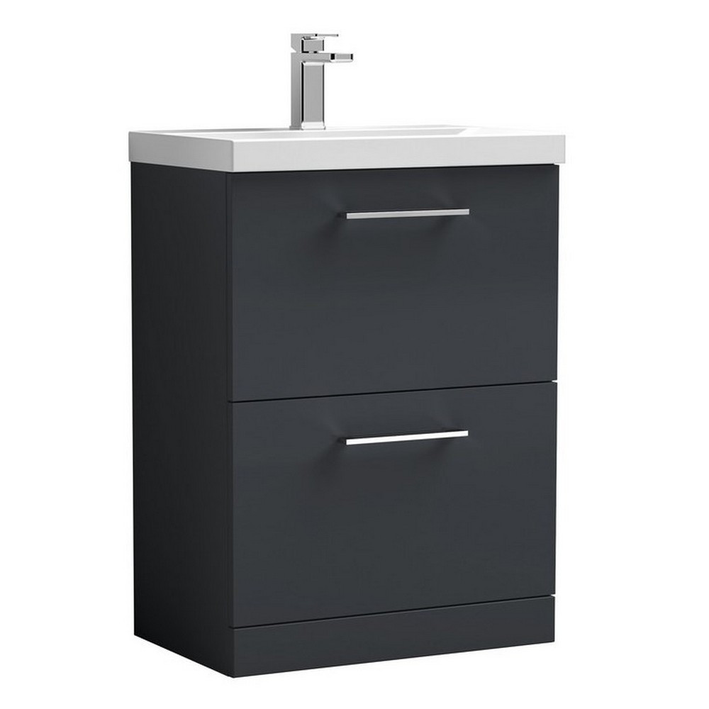 Nuie Arno 600mm Satin Anthracite Floor Standing Two Drawer Vanity Unit with Basin