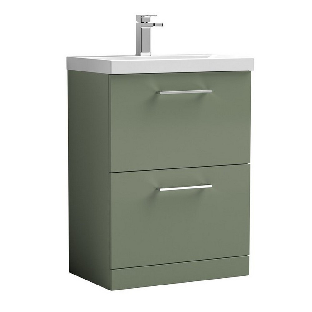 Nuie Arno 600mm Satin Green Floor Standing Vanity Unit with Two Drawers (1)