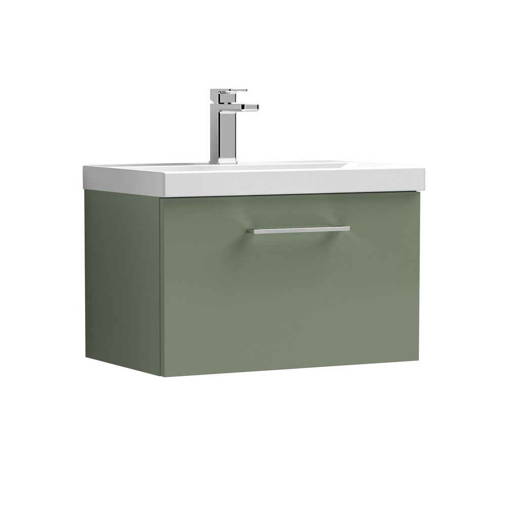 Nuie Arno 600mm Satin Green Wall Hung One Drawer Vanity Unit with Basin (1)