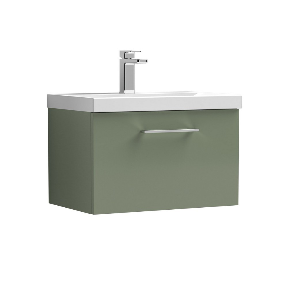 Nuie Arno 600mm Satin Green Wall Hung One Drawer Vanity Unit with Basin