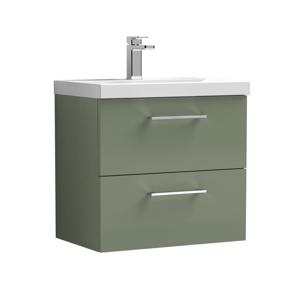 Nuie Arno 600mm Satin Green Wall Hung Two Drawers Vanity Unit with Basin (1)