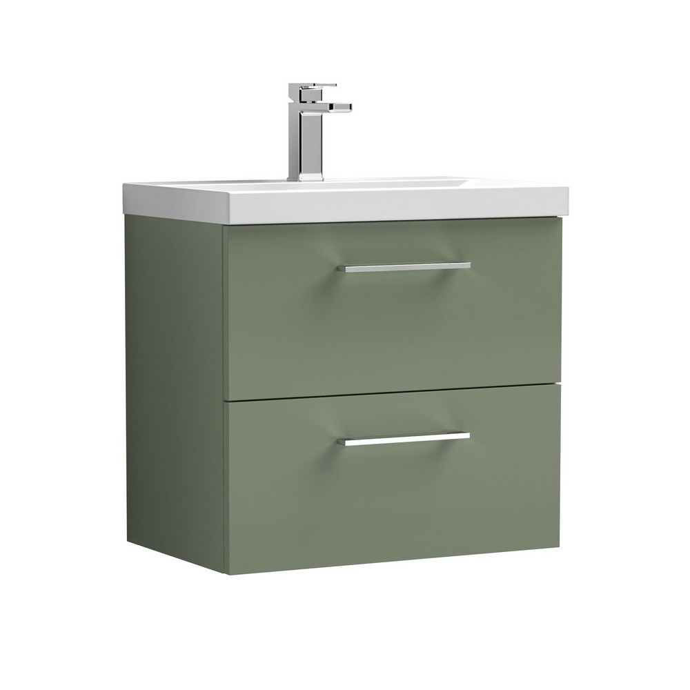 Nuie Arno 600mm Satin Green Wall Hung Two Drawers Vanity Unit with Basin