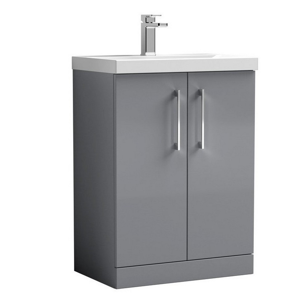 Nuie Arno 600mm Satin Grey Floor Standing Two Door Vanity Unit with Basin