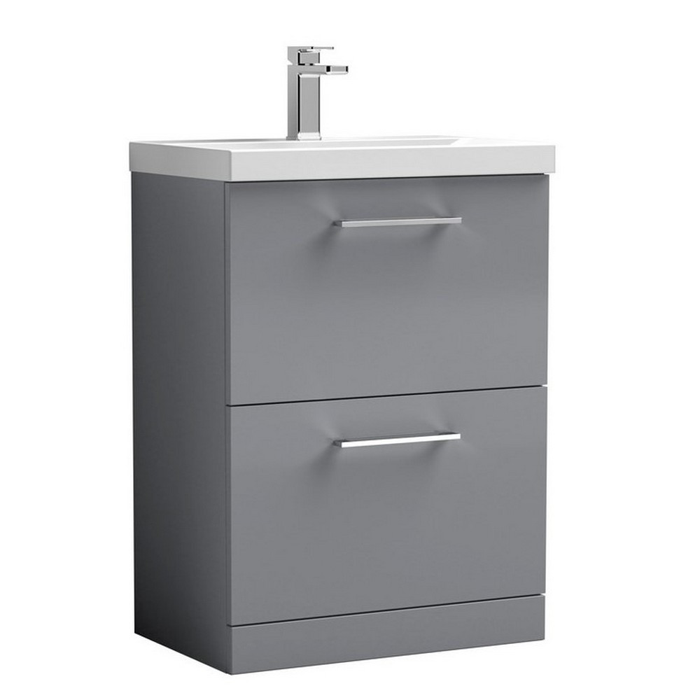 Nuie Arno 600mm Satin Grey Floor Standing Two Drawer Vanity Unit with Basin (1)
