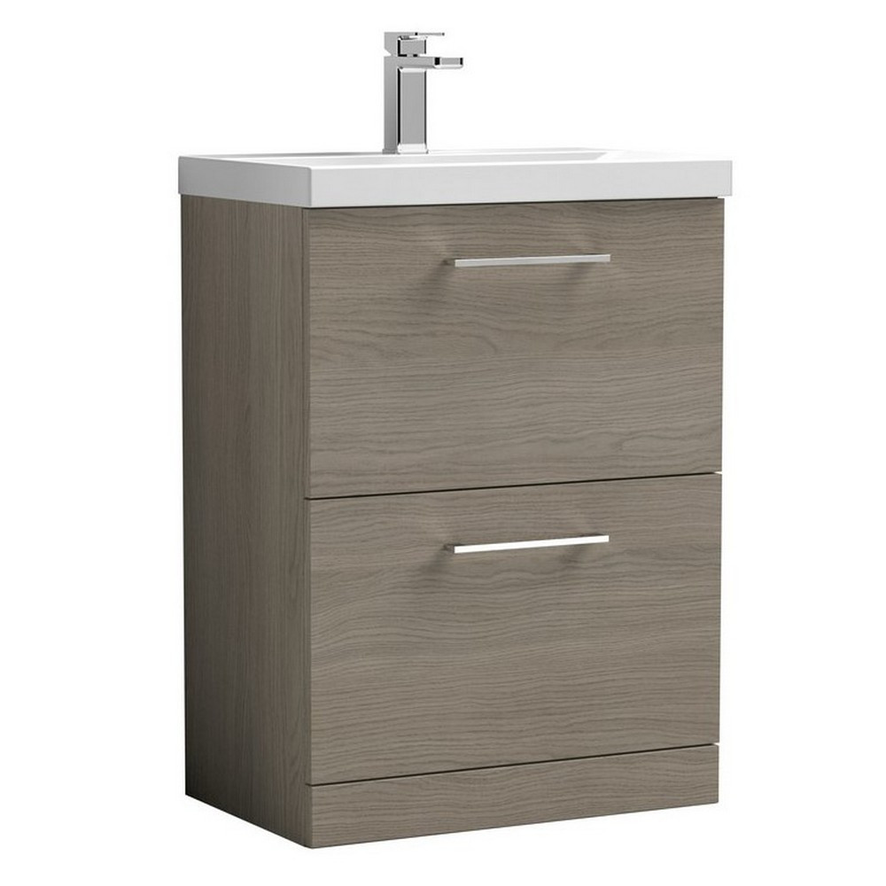 Nuie Arno 600mm Solace Oak Woodgrain Floor Standing Vanity Unit with Two Drawers (1)