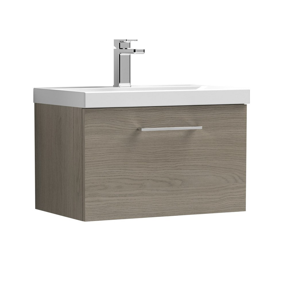 Nuie Arno 600mm Solace Oak Woodgrain Wall Hung One Drawer Vanity Unit with Basin (1)