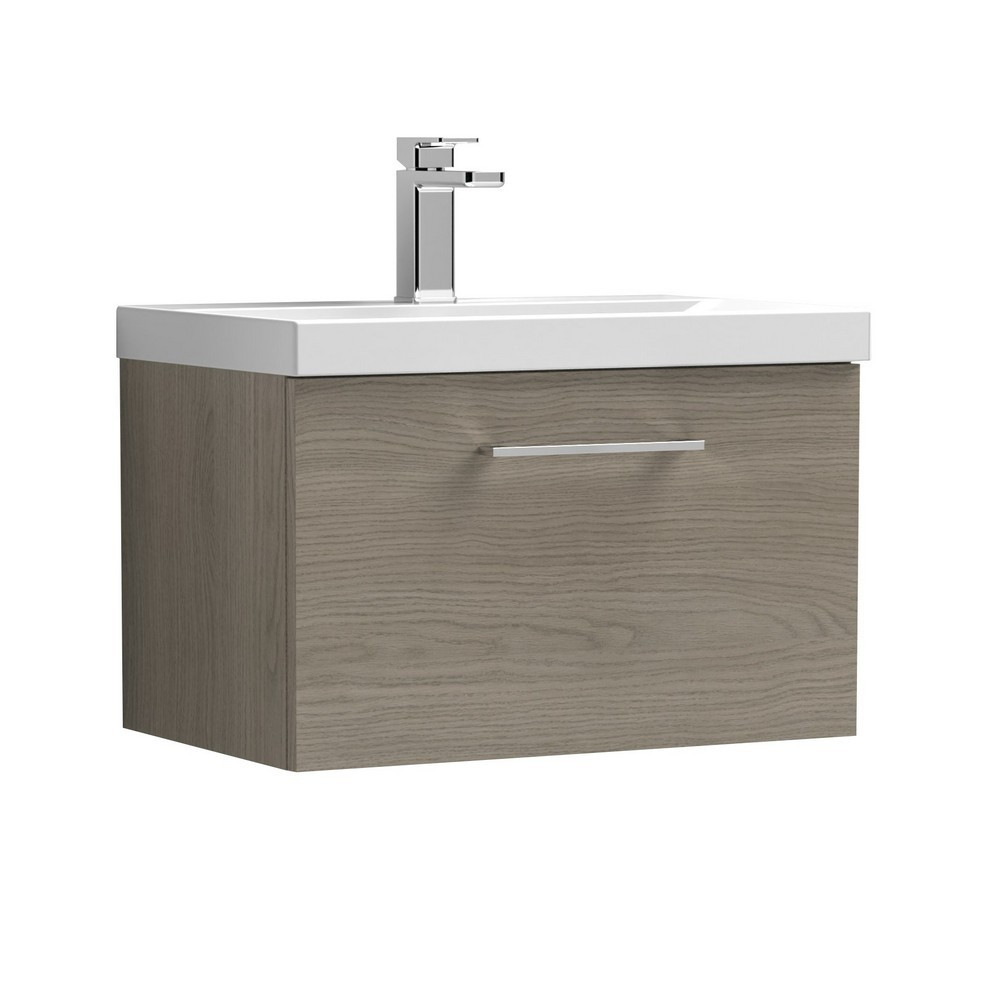 Nuie Arno 600mm Solace Oak Woodgrain Wall Hung One Drawer Vanity Unit with Basin