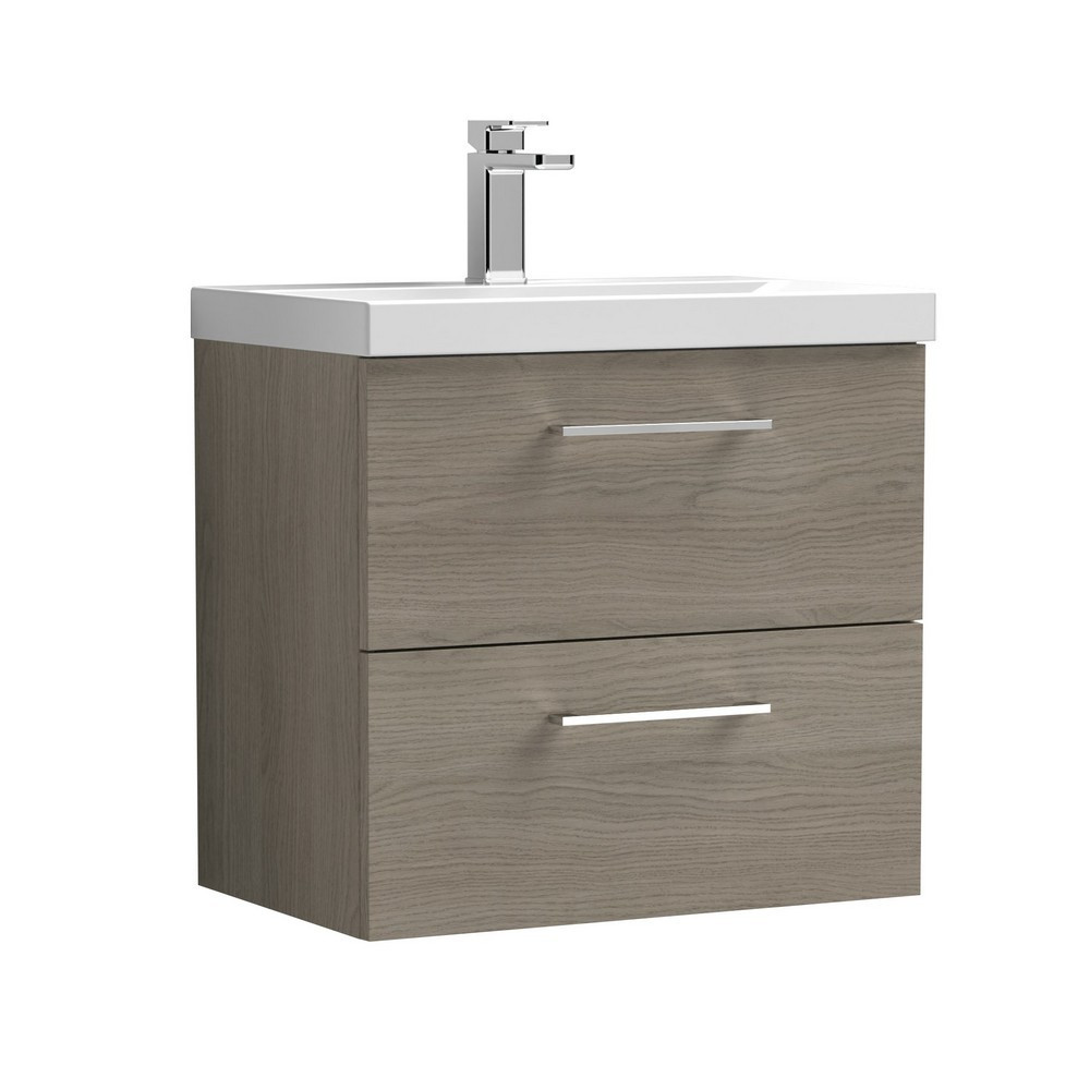 Nuie Arno 600mm Solace Oak Woodgrain Wall Hung Two Drawers Vanity Unit with Basin (1)
