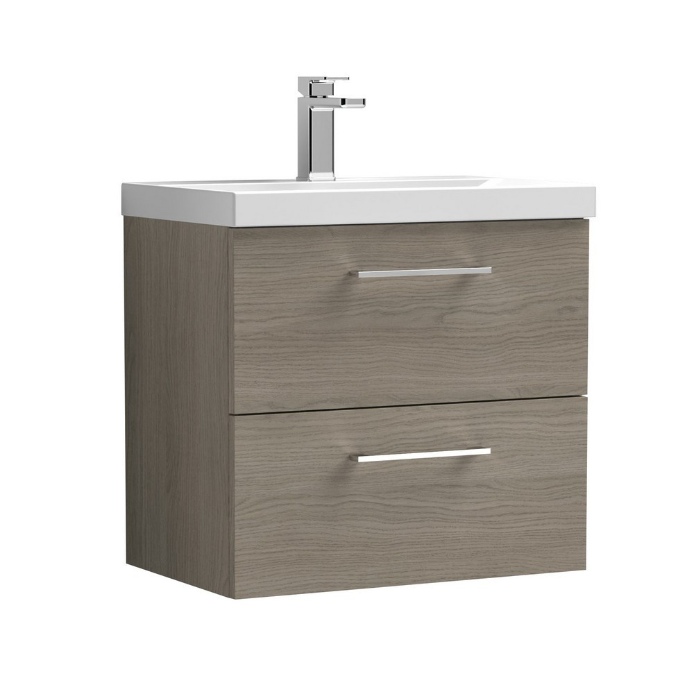 Nuie Arno 600mm Solace Oak Woodgrain Wall Hung Two Drawers Vanity Unit with Basin