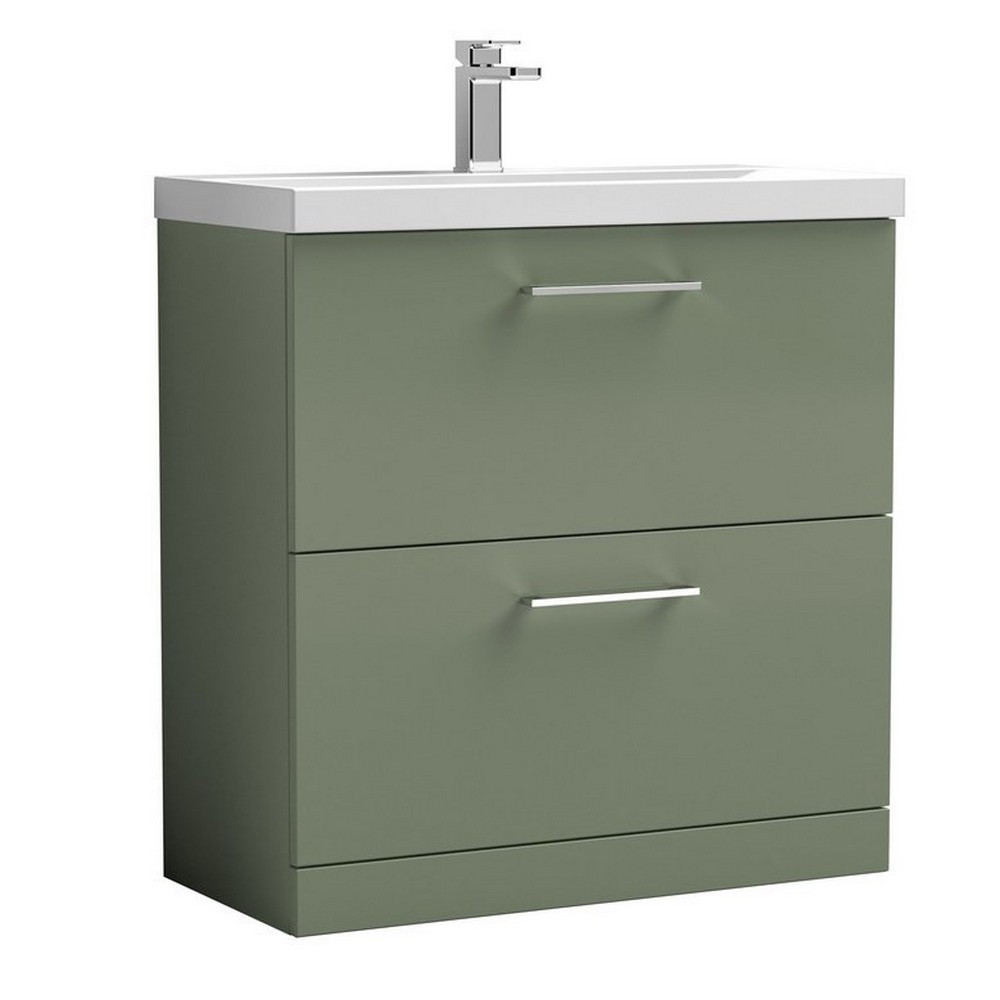 Nuie Arno 800mm Satin Green Floor Standing Vanity Unit with Two Drawers (1)
