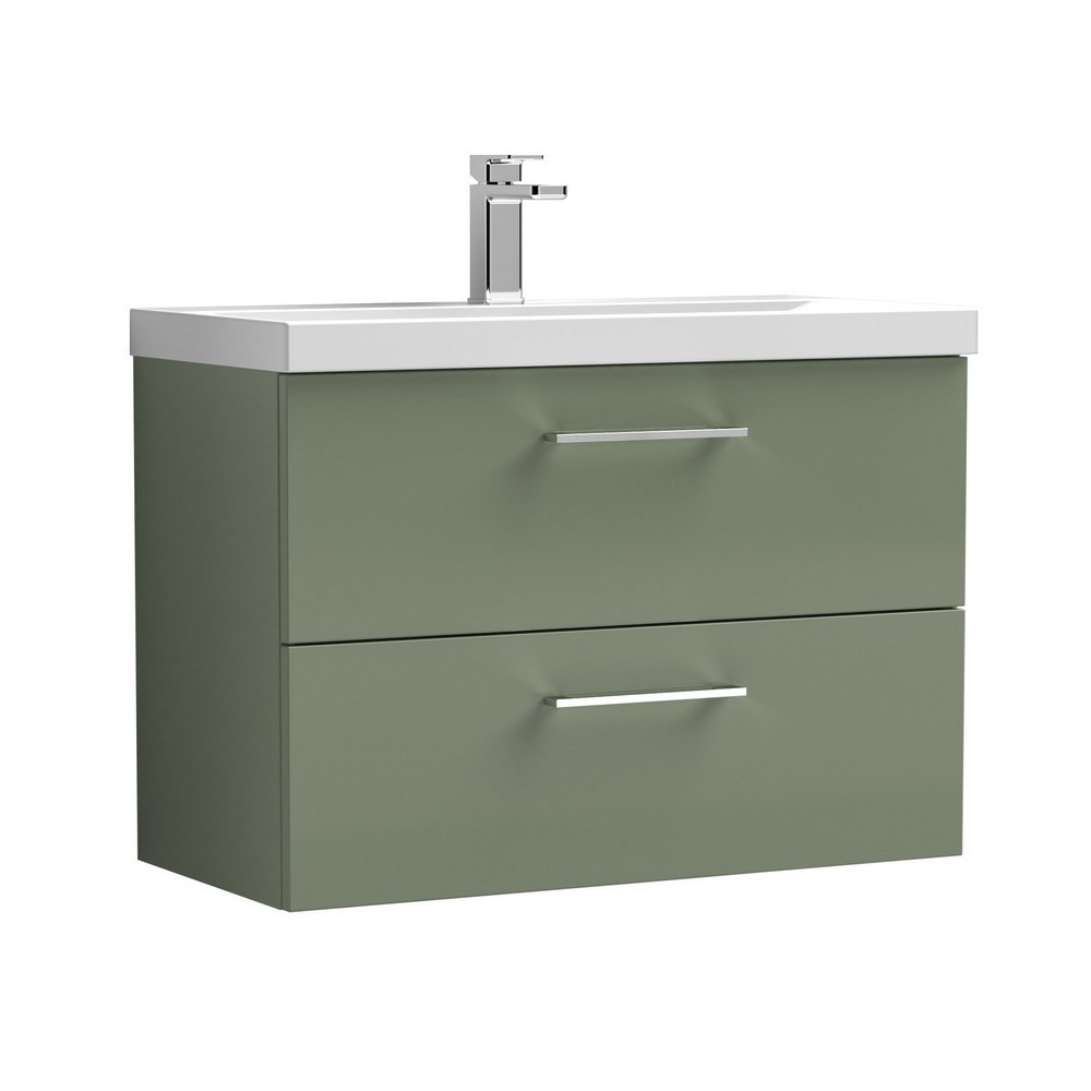 Nuie Arno 800mm Satin Green Wall Hung Two Drawers Vanity Unit with Basin (1)